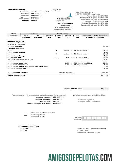 Em branco modelo de conta de serviços públicos de negócios dos EUA, Minnesota, Minneapolis, cidade de Lakes, em formatos Word e PDF
